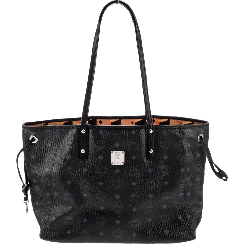 MCM Black Leather Tote with Structured Design and Silver Hardware